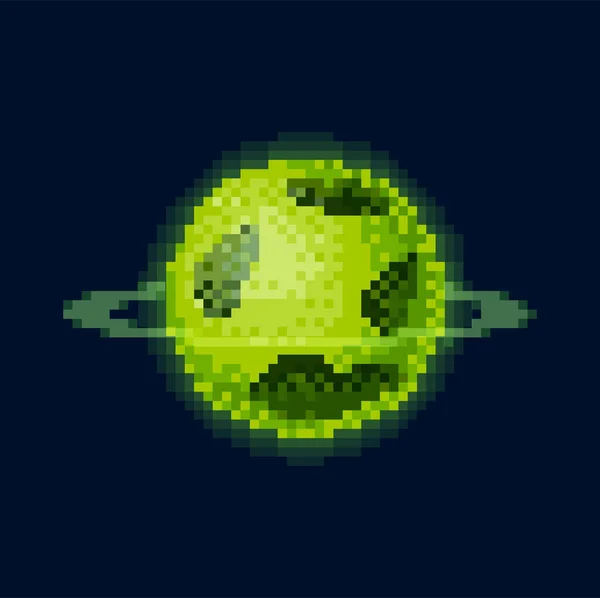 具有旋转气体球体的行星孤立像素艺术外太空物体 绿色外星世界 外太空的矢量圆球在黑色上 有气体轨道的球体 气体巨行星8位游戏设计 — 图库矢量图片
