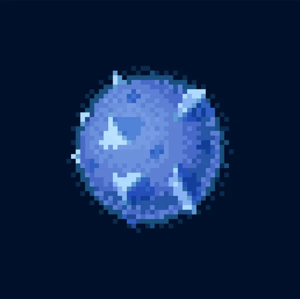 蓝色像素艺术的网调或月亮行星 像素球与尖峰在宇宙中孤立在黑色 矢量太阳系行星 幻想中的水或水的外星世界 卡通8位游戏全球宇宙 — 图库矢量图片