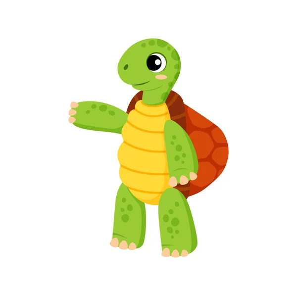 Childish Marine Green Turtle Pointing Hand Something Isolated Cute Cartoon — Stock Vector