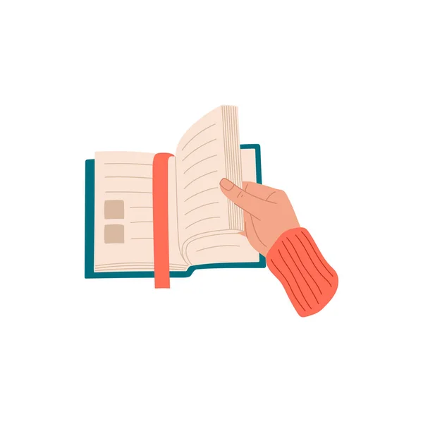 Open Book Hardcover Bookmark Hand Isolated Flat Cartoon Diary Encyclopedia — Stock Vector