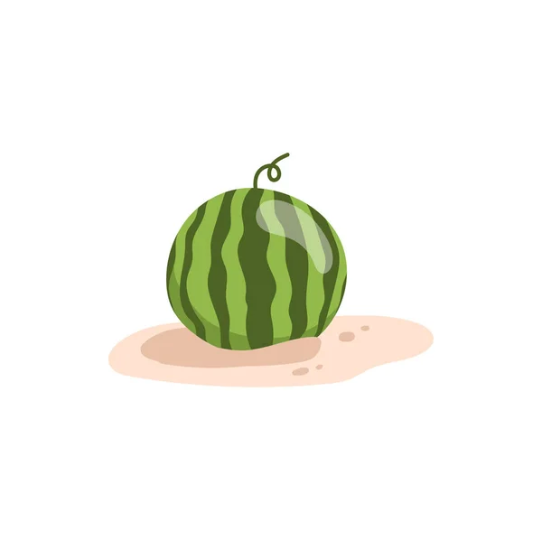 Hele Watermeloen Zandstrand Geïsoleerde Gestreepte Zomerbes Met Krullende Stengel Platte — Stockvector
