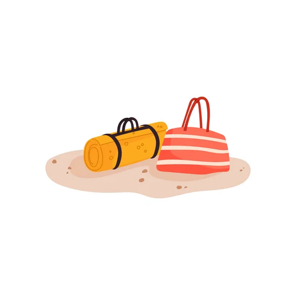 砂の上の夏のビーチ旅行バッグや袋隔離されたフラット漫画スタイルの夏のアクセサリー ベクターリラクゼーションや観光 旅行や残りのアイコン 休暇オブジェクト 黄金の砂とハンドバッグ — ストックベクタ