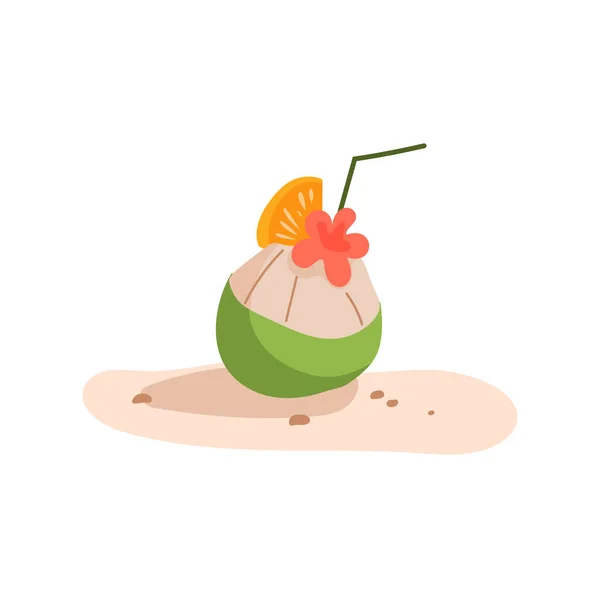 Zomer Cocktail Kokosnoot Shell Met Oranje Fruit Plak Zand Versierd — Stockvector