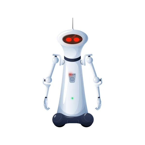 机器人与长手隔离科幻白色机器人 复杂的机器与天线和大红色眼睛 具有数字接口的矢量人工智能机器人 现代技术字符 — 图库矢量图片