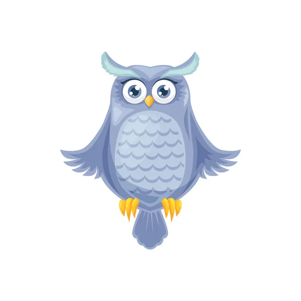 広大な翼を持つフクロウ野生の鳥の隔離された漫画の青い鳥 ベクトルフクロウ 知恵の夜鳥のシンボル 角と大きな丸い目を持つフクロウ 夜の夜行性の漫画の鳥 捕食者羽動物 — ストックベクタ