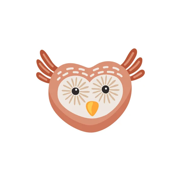 ハート型のフクロウの顔のフラット漫画のアイコンが隔離された 面白い大きな目で獲物のベクトル素敵な鳥 ベクトルの感情やアバターのデザイン 子供のおもちゃの顔のマスク くちばしで聞かせ ハッピー バーン Emojidex 絵文字デックス — ストックベクタ