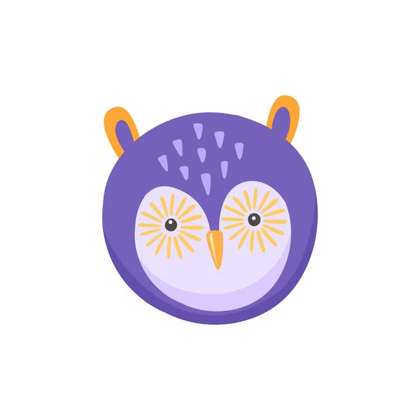 フクロウやフクロウの顔の子供漫画の絵文字孤立紫色の頭フラット漫画のアイコン ベクトルの感情やアバターのデザイン 子供のおもちゃの顔のマスク 面白い大きな目で獲物のかわいい鳥 ワシの長い耳のフクロウ — ストックベクタ
