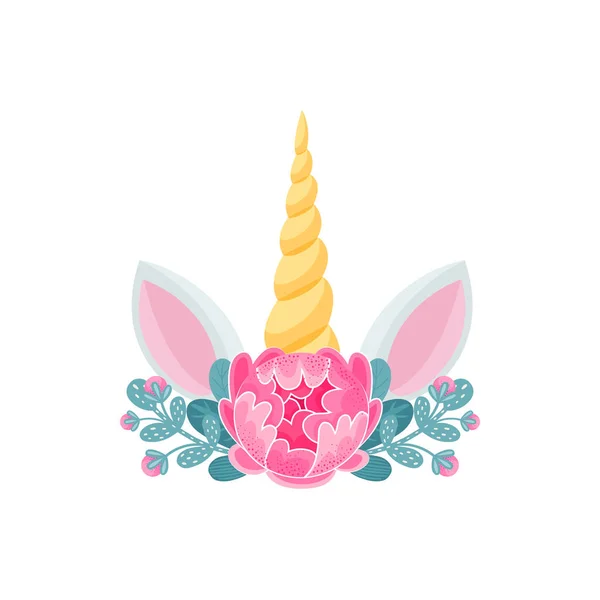 Unicorn Head Horn Flowers Ears Isolated Flat Cartoon Icon Vector — Stock Vector