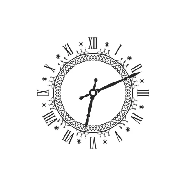 ヴィンテージラウンドダイヤル隔離されたモノクロアイコンで時計 黒と白の時計 ローマ数字と華やかな時計の手 時間デザインとアンティークの壁やポケットウォッチベクトル腕時計の顔 — ストックベクタ