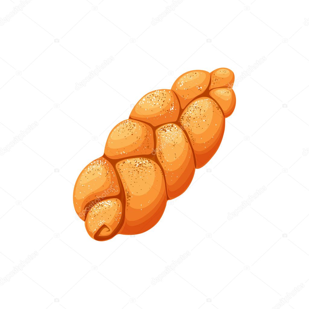 Braided bread isolated cartoon plaited loaf with cinnamon or sugar. Vector bakery goods, pastry product. Sweet bun foodstuff. Homemade wicker pastry food, challah jewish traditional holiday bread