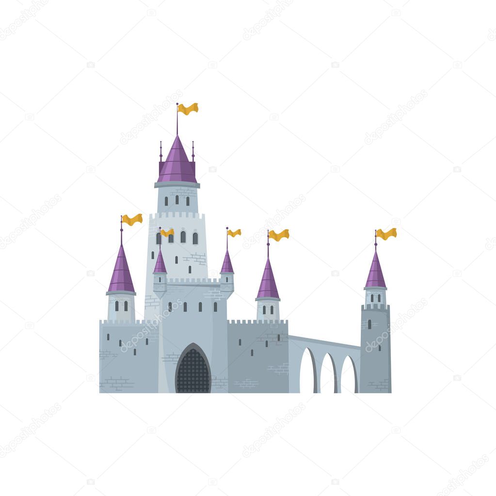 Medieval castle isolated cartoon queen or king palace with towers, gates and flag. Vector cinderella fantasy fort with bridge, purple roof, gray stony building. Royal fortress of prince princess