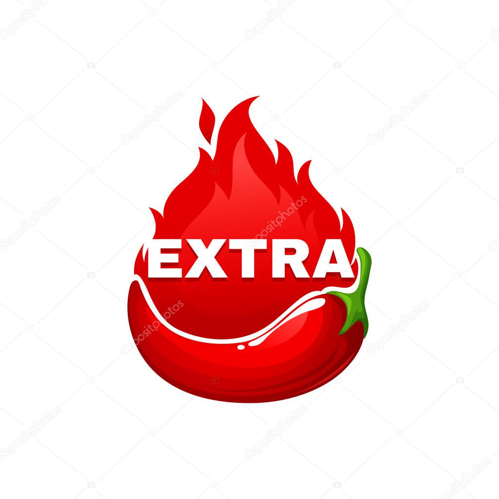 Extra level of chili spicy level rating sticker isolated cartoon sticker. Vector chili habanero extraordinary heat scale maxi hot emblem, red burning fire. Flavour asian or mexican cuisine food rate
