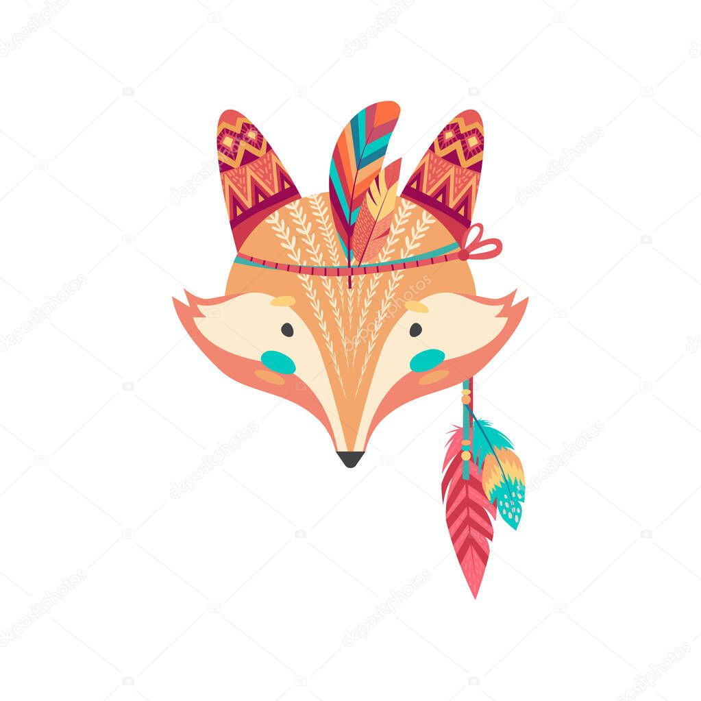 Cute native american or indian fox animal mask with feathers isolated tribal headdress cartoon icon. Vector red fox face, carnival party headband, wildlife animal mascot, head with national ornaments