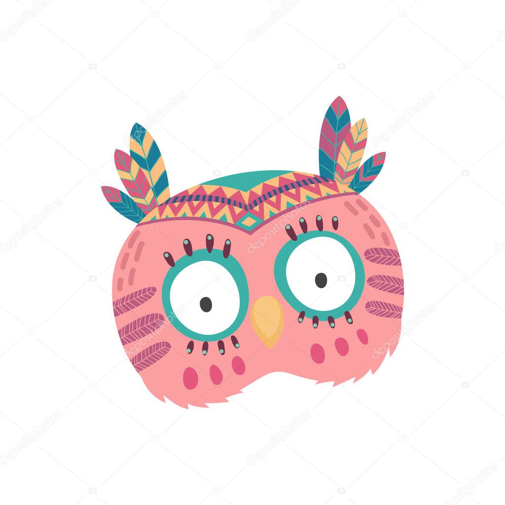 Indian owl native american bird face mask with feathers isolated tribal headdress cartoon icon. Vector howlet fowl face, carnival party headband. Head with national ornaments, wildlife animal mascot