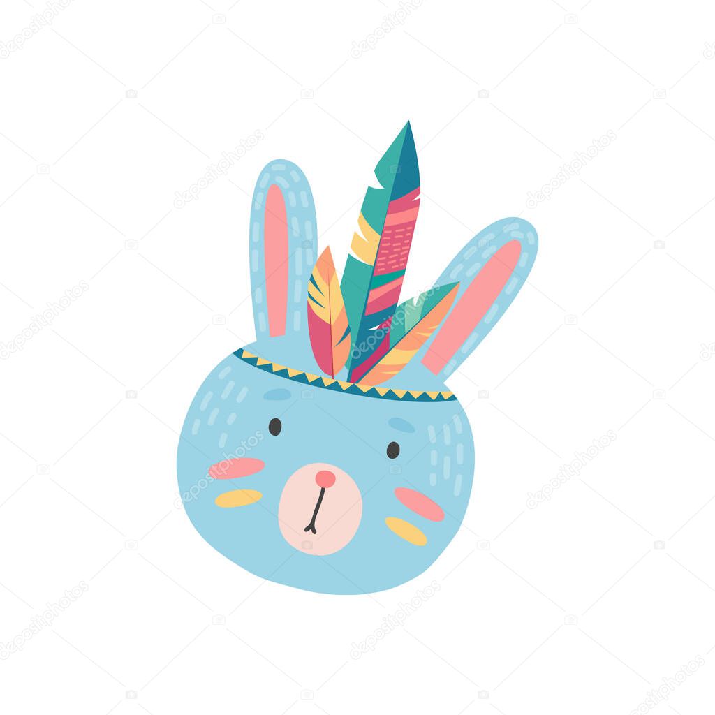Rabbit native american or indian bunny animal with long ears face mask with feathers isolated tribal headdress cartoon icon. Vector hare face, carnival party wildlife animal mascot, national ornaments