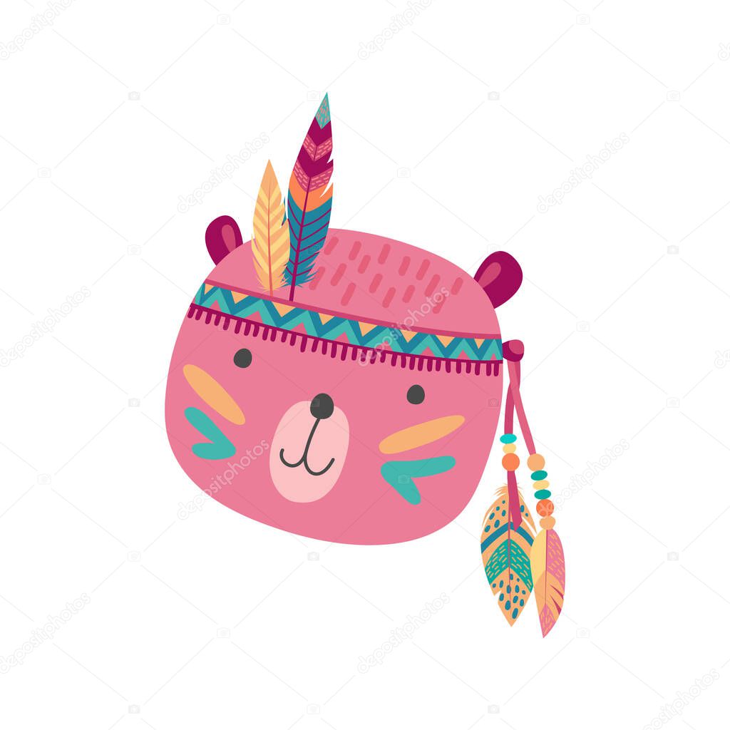 Indian native americans pink bear animal face mask with color aztec feathers isolated cartoon icon. Vector tribal headdress bear carnival party headband, wildlife animal mascot with national ornaments