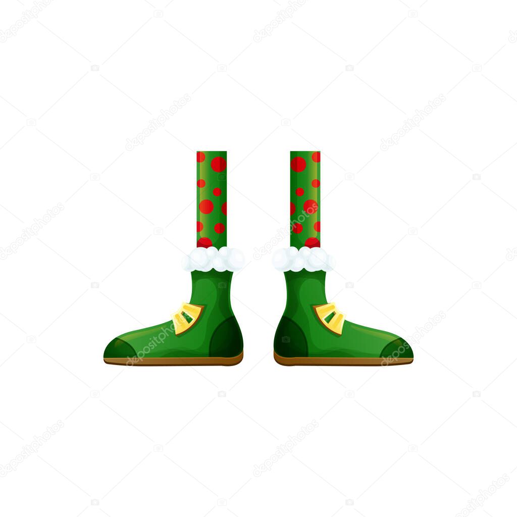 Funny feet in dotted tights stockings, green shoes carnival costume clothing element isolated. Vector elvish legs in boots and stockings, gnome or elf fairy limbs. Dwarf foot or feet in pants