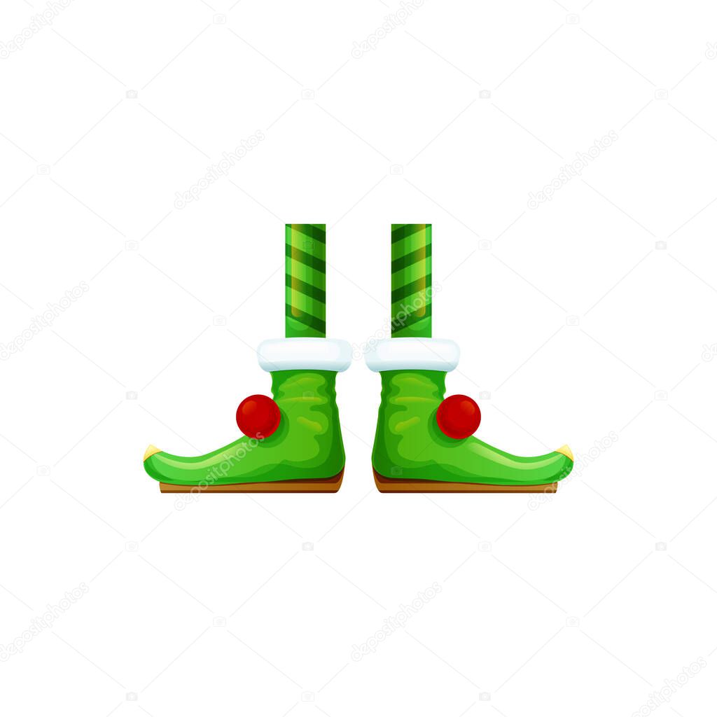 Leprechaun legs, green shoes with red pompom and striped stockings isolated cartoon limbs. Vector cute feet in striped stocking, carnival spring fest costume clothing. Elf or character legs elements