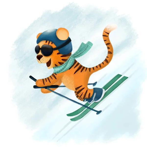 Feliz año nuevo chino tarjeta de felicitación 2022 con tigre lindo en diferentes lugares de temporada para el calendario. Animales vacaciones personaje de dibujos animados —  Fotos de Stock