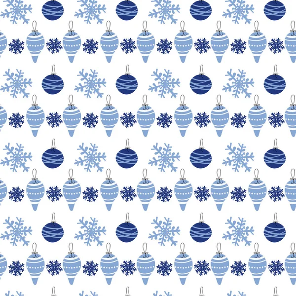 Šťastný Nový rok bezešvé vzor s modrými kuličkami, sněhové vločky vektorové pozadí pro zalamování papíru a přání. — Stockový vektor