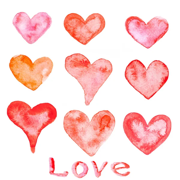 Watercolor painted red hearts — Stock Photo, Image