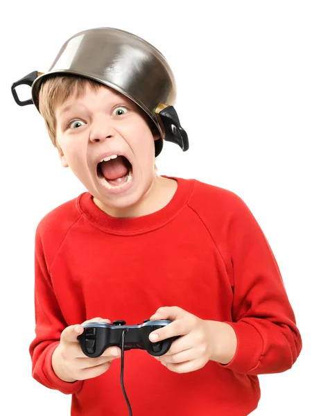 Skrek pojken med gamepad i händer — Stockfoto