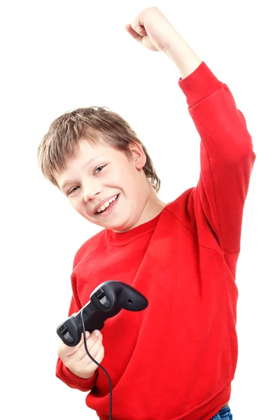 Rapaz feliz com gamepad nas mãos — Fotografia de Stock