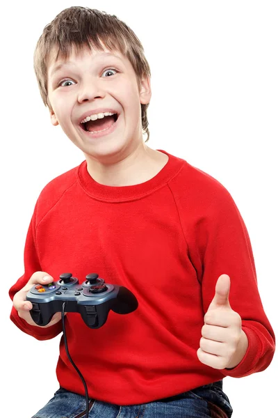 Rapaz feliz com gamepad nas mãos — Fotografia de Stock