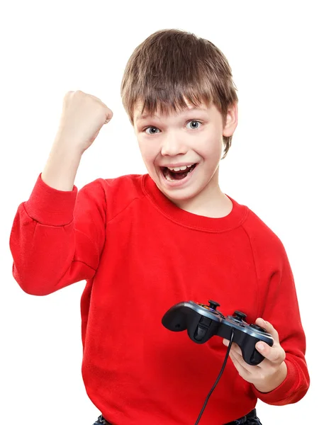 Ευτυχισμένο αγόρι με gamepad στα χέρια — Φωτογραφία Αρχείου