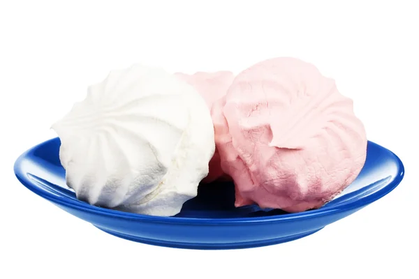 Marshmallows on blue plate — Stock Photo, Image