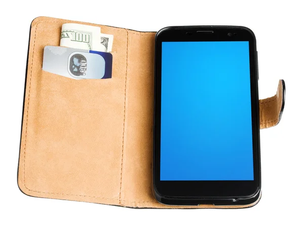 Кожаный кошелек с банкнотой, кредиткой и телефоном — стоковое фото