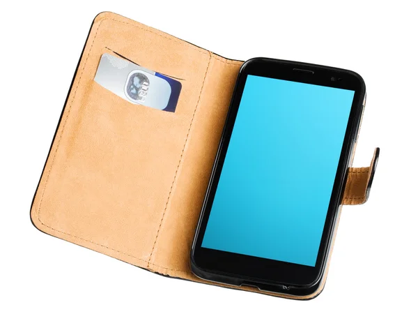 Кожаный кошелек с кредитной картой и телефоном — стоковое фото