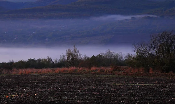 Туманный Восход Солнца Холмы Пахотные Земли Переднем Плане Болгарии Осенью — стоковое фото