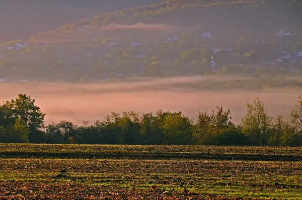 Foggy Sunrise Hills Arable Land Foreground Bulgaria Autumn — Stock Photo, Image