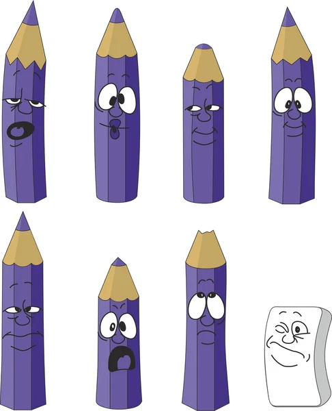 Cartoon emotional violet pencils set color 18 — Stock Vector
