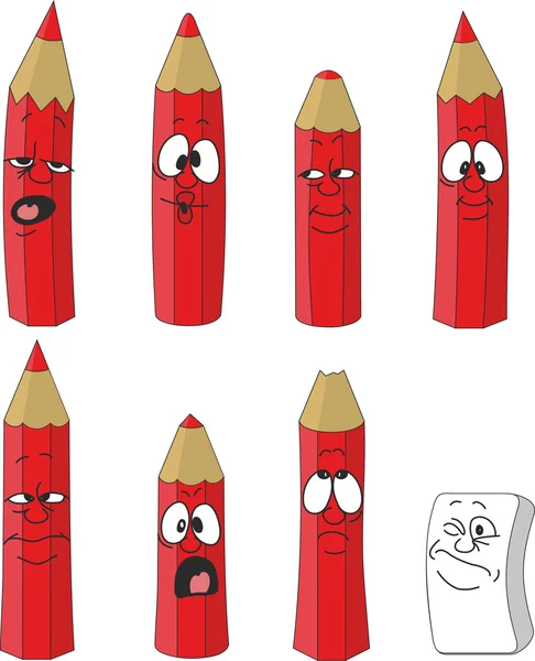 Cartoon emotional red pencils set color 12 — Stock Vector