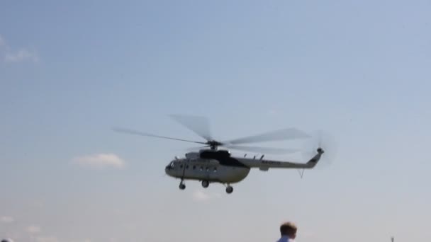 La gente en el campo observando el helicóptero está aterrizando — Vídeos de Stock