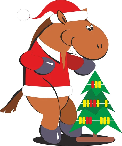 Tecknad häst med en julgran — Stock vektor