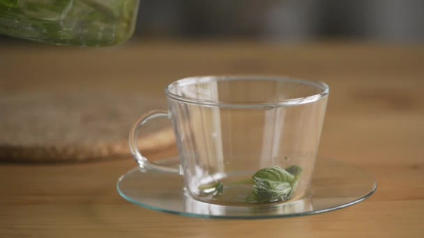 Pouring hot mint tea into transparent glass tea cup. — Stock Video