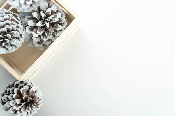 Szyszki sosnowe z białymi końcówkami w zimowym modnym tle rustykalnym z przestrzenią do kopiowania. — Zdjęcie stockowe