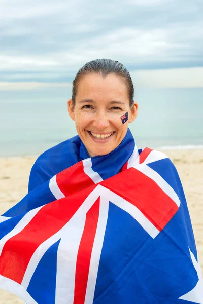 Portrait Happy Woman Wrapped Australian Flag Beach Concept Australia Day —  Fotos de Stock