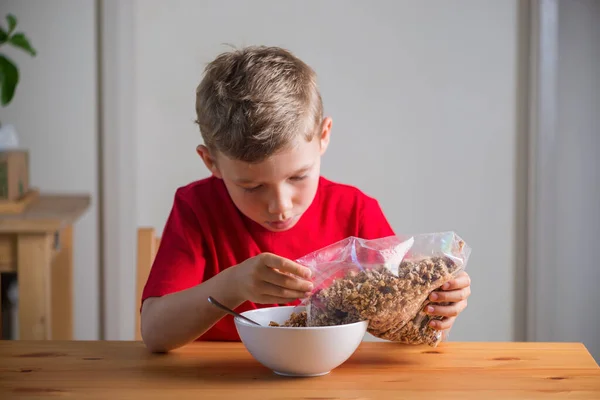 Söt Pojke Äter Granola Till Frukost Ett Livsstilsporträtt Naturligt Ljus — Stockfoto