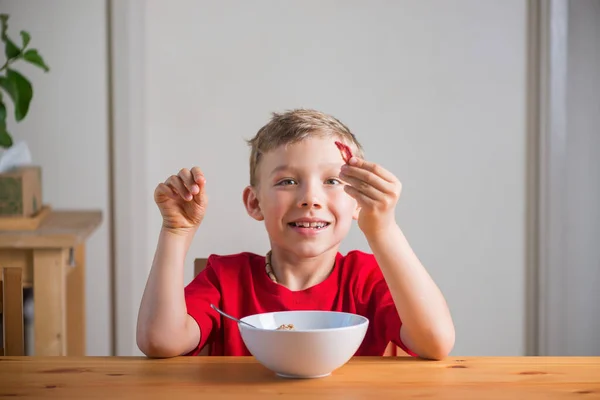 Χαριτωμένο Αγόρι Παίζει Granola Στο Πρωινό Πορτραίτο Ζωής Φυσικό Φως — Φωτογραφία Αρχείου
