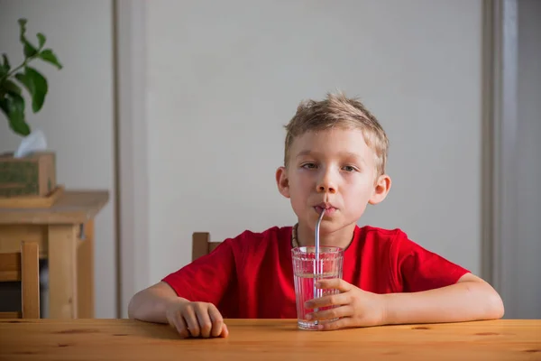 Leuke Jongen Drinkt Water Door Rietje Drinken Lifestyle Portret Natuurlijk — Stockfoto