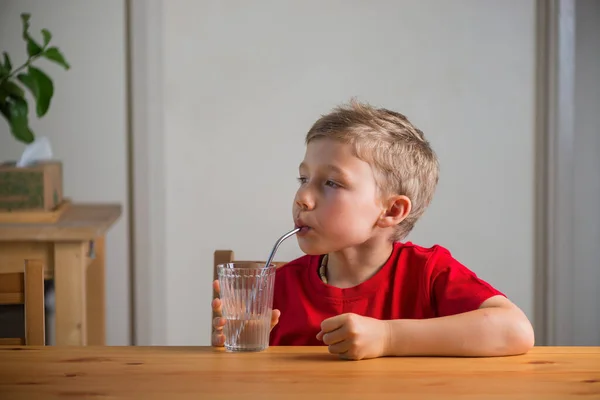 Leuke Jongen Drinkt Water Door Rietje Drinken Lifestyle Portret Natuurlijk — Stockfoto