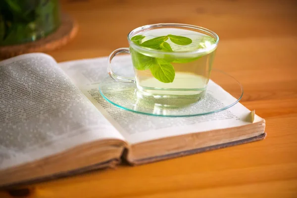 Açık Kitaptaki Şeffaf Cam Çay Fincanındaki Nane Çayı Yüksek Kaliteli — Stok fotoğraf