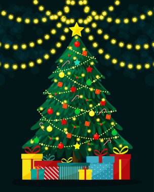 Lamba ışıkları, süsler ve şekerlerle süslenmiş Noel ağacı. Ağılın altında hediye kutuları. Vektör illüstrasyon düzlüğü.