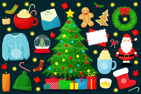 Noel Baba Hediyeler Çelenkler Dahil Olmak Üzere Geleneksel Noel Unsurları — Stok Vektör