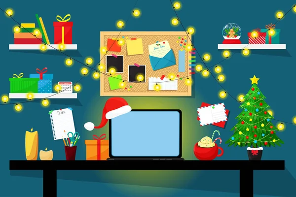 Karácsonyi Munkahely Asztal Laptoppal Karácsonyfával Kávéscsészével Fények Ajándékdobozok Hirdetőtábla Vektor — Stock Vector