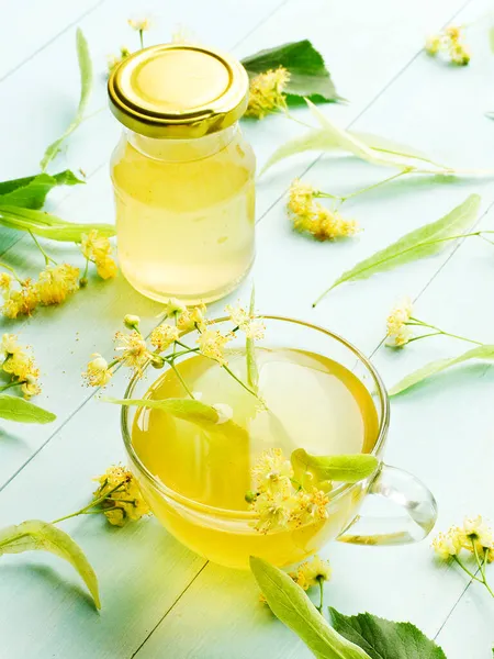 Linden Fagerendás Mézes Tea Ital Virágokkal Fán Sekély Dof — Stock Fotó